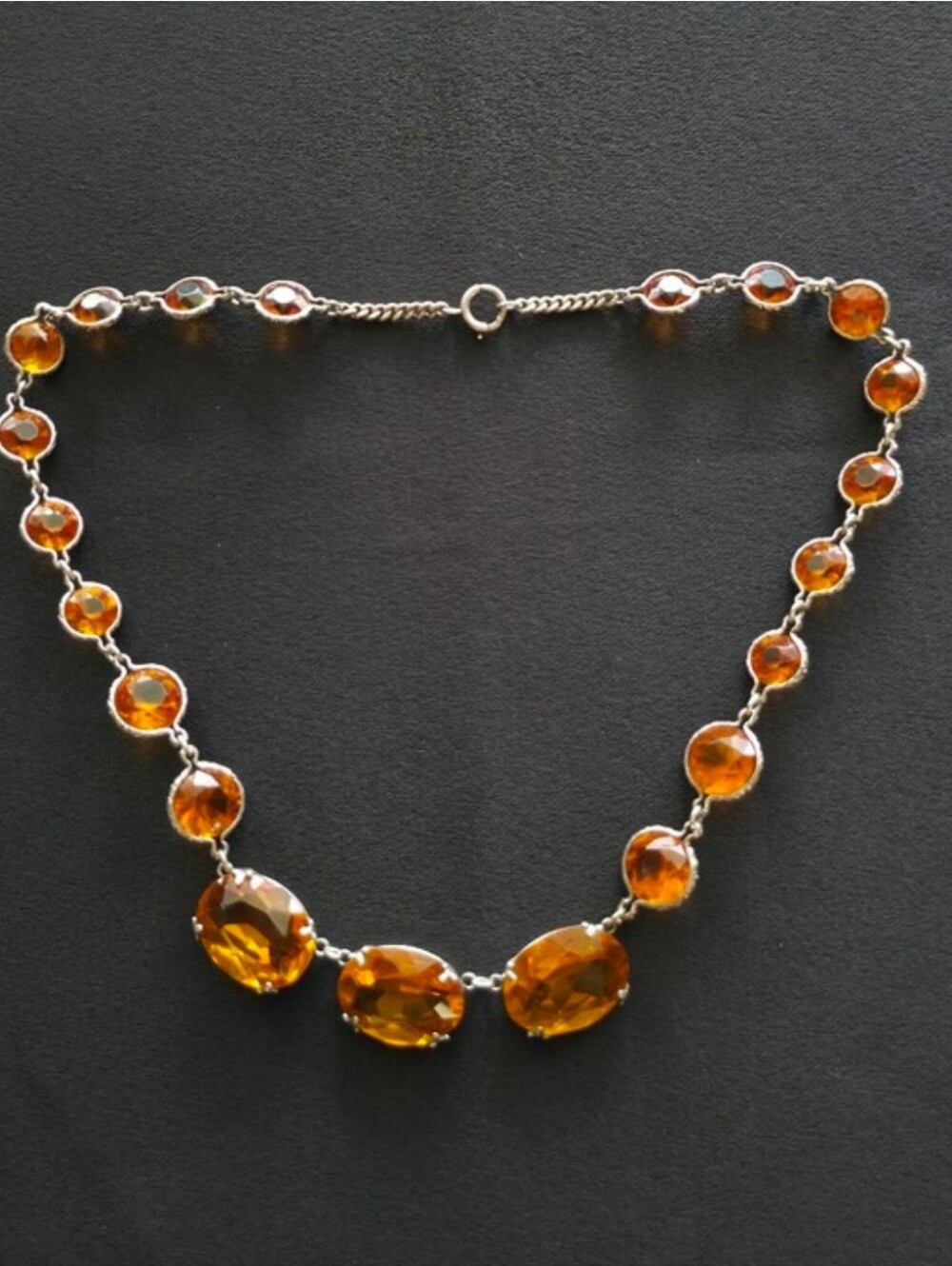 Citrine Paste Rivière Necklace 17" Glass And Sterling Antique Openwork